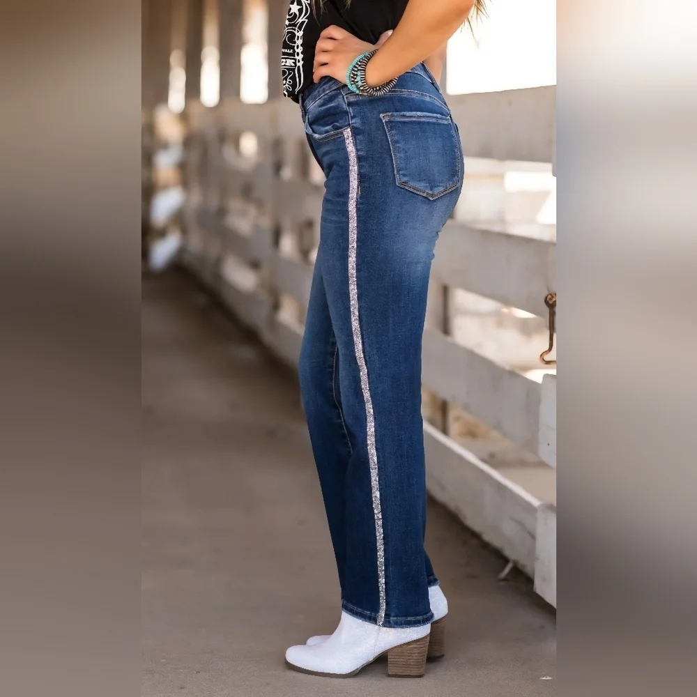 Risen High Rise Dark Wash Rhinestone Embellished Seam Straight Ankle Jeans 7/28 - Picture 7 of 13